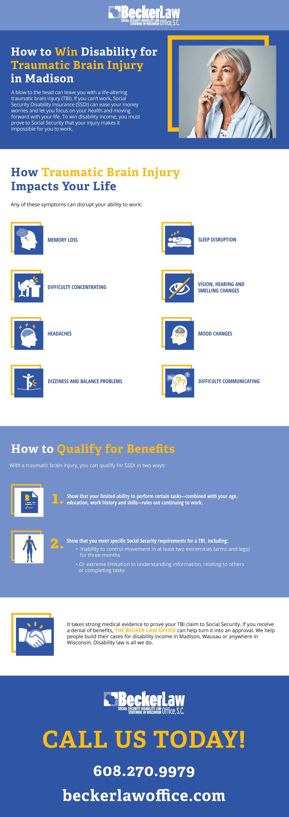 An infographic detailing how to win disability benefits for traumatic brain injuries.